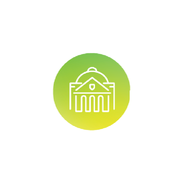 Icon of a white government building with columns on a green and yellow gradient circle background.