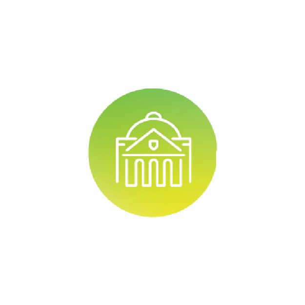 Icon of a white government building with columns on a green and yellow gradient circle background.