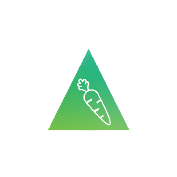 A green triangle with a white carrot icon in the center.