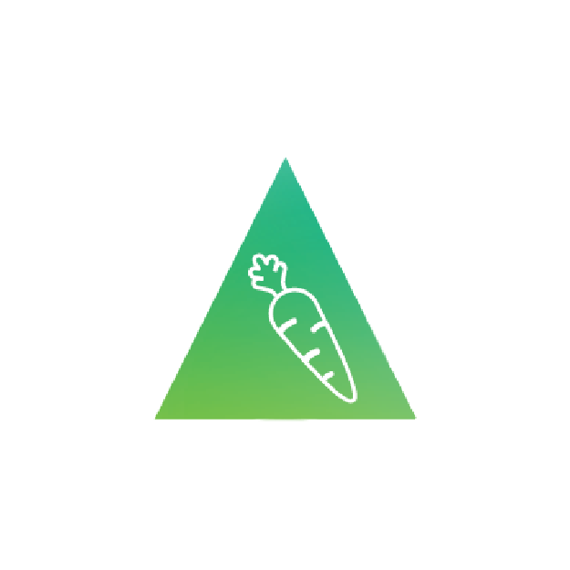 A green triangle with a white carrot icon in the center.