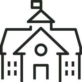 Simple line drawing of a school building with a central entrance, three visible windows, and a flag on top.
