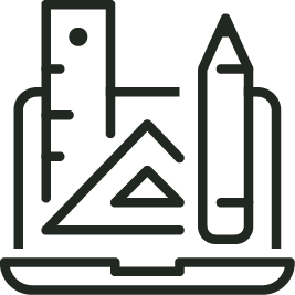 Icon depicting a laptop screen with a ruler, pencil, and triangle, symbolizing design or engineering tools.