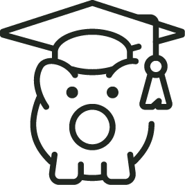 A piggy bank wearing a graduation cap with a tassel.