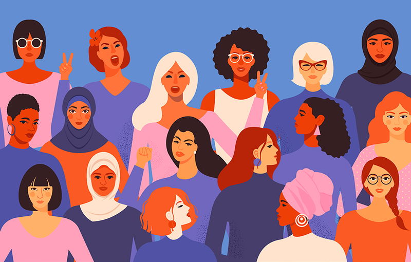 Illustrated group of diverse women wearing colorful clothing against a blue background, with some making peace signs or fists.