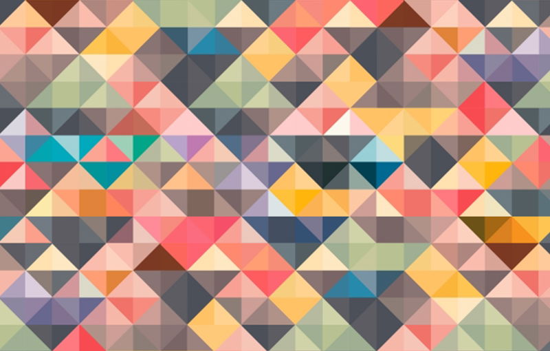 A colorful mosaic pattern of overlapping triangles in various shades of pink, blue, yellow, green, and brown.