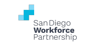 Logo of San Diego Workforce Partnership, featuring two interlocking blue squares and the organization's name in black text.
