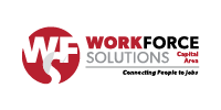 Logo of Workforce Solutions Capital Area, featuring a red circular "WF" symbol and text that reads "WORKFORCE SOLUTIONS Capital Area: Connecting People to Jobs.