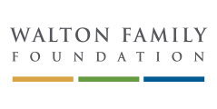 Logo of the Walton Family Foundation with its name in gray uppercase letters. Four horizontal colored bars—orange, green, yellow, and blue—are beneath the text.