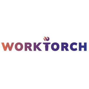 Logo with the word "WORKTORCH" in gradient shades of red to blue, featuring a flame icon above the "O".