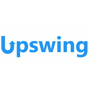 The image shows the word "Upswing" in blue, with the letter "U" designed to resemble an upward arrow.
