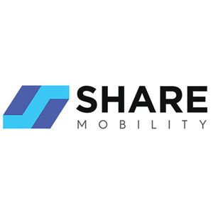 Logo of SHARE Mobility featuring two overlapping blue parallelograms on the left and the words "SHARE Mobility" on the right.