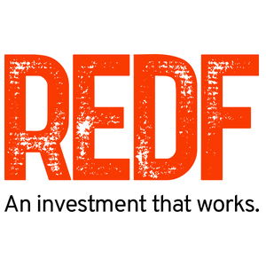 Bold red letters spell "REDF" with the tagline "An investment that works" beneath in black text.