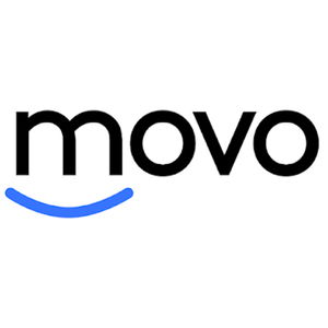The image shows the logo of "movo" in black lowercase letters with a blue curved line beneath, resembling a smile.