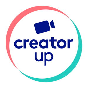 Logo with text "creator up" and a video camera icon in the center. The logo is encircled by a red and teal gradient ring.