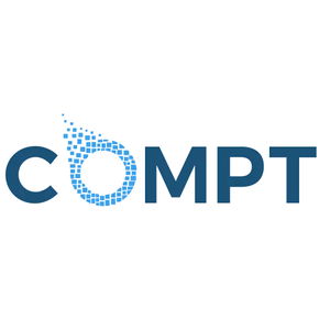 Logo with the word "COMPT" in blue, featuring a stylized letter O composed of blue pixels forming a droplet shape.