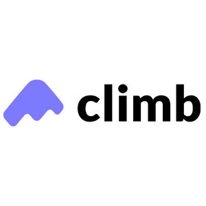 Logo displaying a stylized blue mountain shape next to the word "climb" in black text.