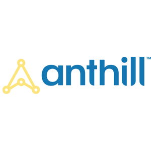 Logo of Anthill with a yellow triangular symbol on the left and the word "anthill" in blue text.