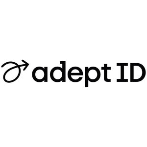 The image shows the text "adept ID" with a stylized arrow icon on the left.