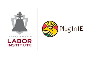 Logos of Inland Empire Labor Institute with a bell graphic and Plug In IE with a sun and landscape design.