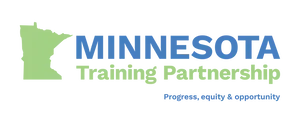 Logo of Minnesota Training Partnership with a green state outline and blue text.