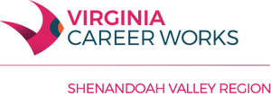 Logo of Virginia Career Works, Shenandoah Valley Region, featuring a stylized design and bold text in pink and dark blue.