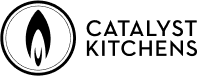 Logo of Catalyst Kitchens featuring a stylized leaf design inside a circle, followed by the text "CATALYST KITCHENS.