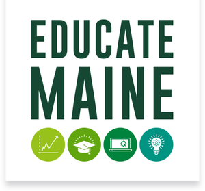 Educate Maine logo with icons of a graph, graduation cap, laptop, and lightbulb in green circles below the text.