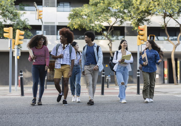 College students walking together on campus.