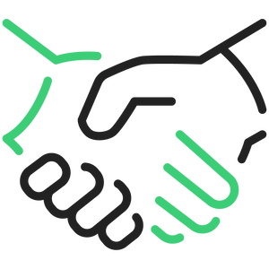 Icon of two hands shaking, with one outlined in green and the other in black, symbolizing cooperation.