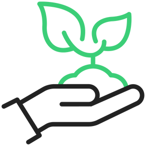 A hand icon holding a small green plant with two leaves.