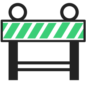 Illustration of a construction barrier with a green-and-white striped zone, flanked by two round lights on top.