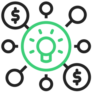 Icon of a light bulb at the center of a network, connected by lines to circles with dollar signs, representing ideas leading to financial opportunities.
