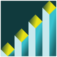 A stylized bar graph with four ascending rectangular bars in light blue and green against a dark background.