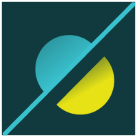Abstract design featuring overlapping semi-circles in blue and yellow, separated by a diagonal turquoise line, on a dark teal background.