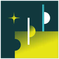 Abstract geometric design with yellow and green shapes, white and blue lines, and a star on a dark background.