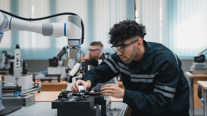 A man wearing safety glasses operates a robotic arm in a lab setting. Other individuals work in the background.