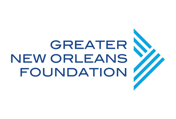 Logo of the Greater New Orleans Foundation featuring blue text and a stylized blue arrow on a white background.