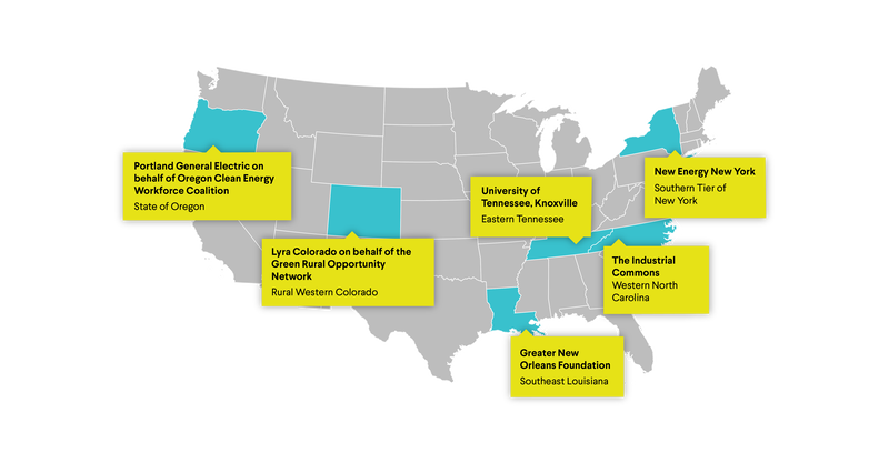 Map of the United States highlighting regions with text boxes describing clean energy and workforce initiatives in Oregon, Colorado, Tennessee, New York, North Carolina, and Louisiana.