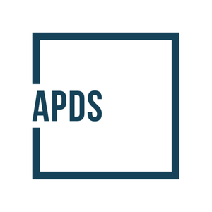 A blue square outline with the letters "APDS" inside, partially overlapping the left side of the square.