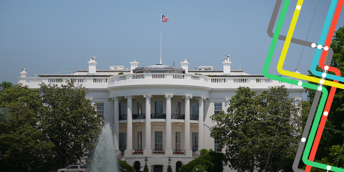 White House exterior with columns and American flag atop, featuring a colorful overlay resembling a transportation map on the right.