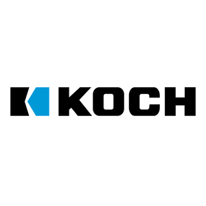 Logo with the word "Koch" in bold black letters, featuring a blue geometric shape resembling a square with a triangle cut out on the left.