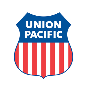 Union Pacific logo featuring blue shield shape with white text and red and white vertical stripes on the lower section.