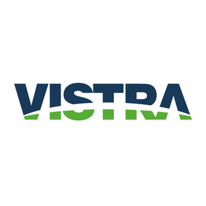 The image shows a logo with the word "VISTRA" in bold blue and green capital letters.