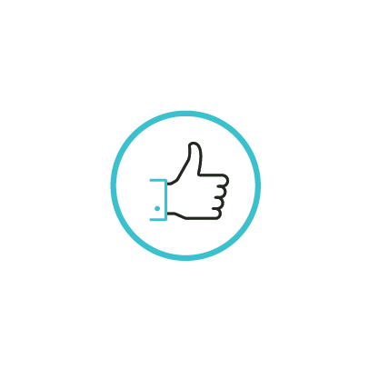 A circular icon with a thumbs-up symbol inside, outlined in teal.