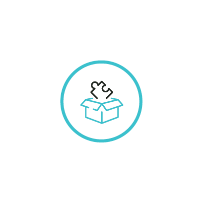 Simple icon of a puzzle piece emerging from an open box inside a teal circle.