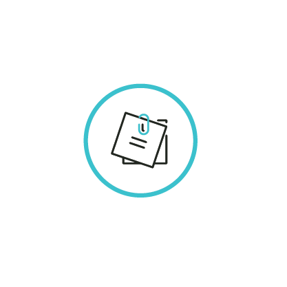 Animated icon of two overlapping square sheets of paper, one with a paperclip, enclosed in a teal circle.