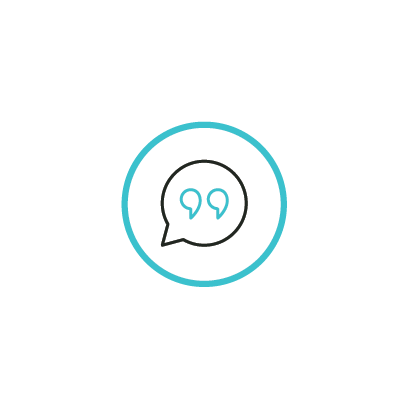 Speech bubble icon with quotation marks inside, encircled by a light blue ring on a white background.