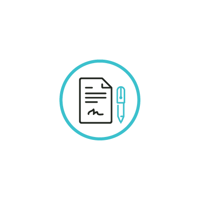 Icon of a document with text and a signature next to a pen inside a turquoise circle.