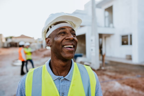 A construction worker in a hard hat and reflective vest smiles on a building site, with unfinished structures and coworkers in the background.