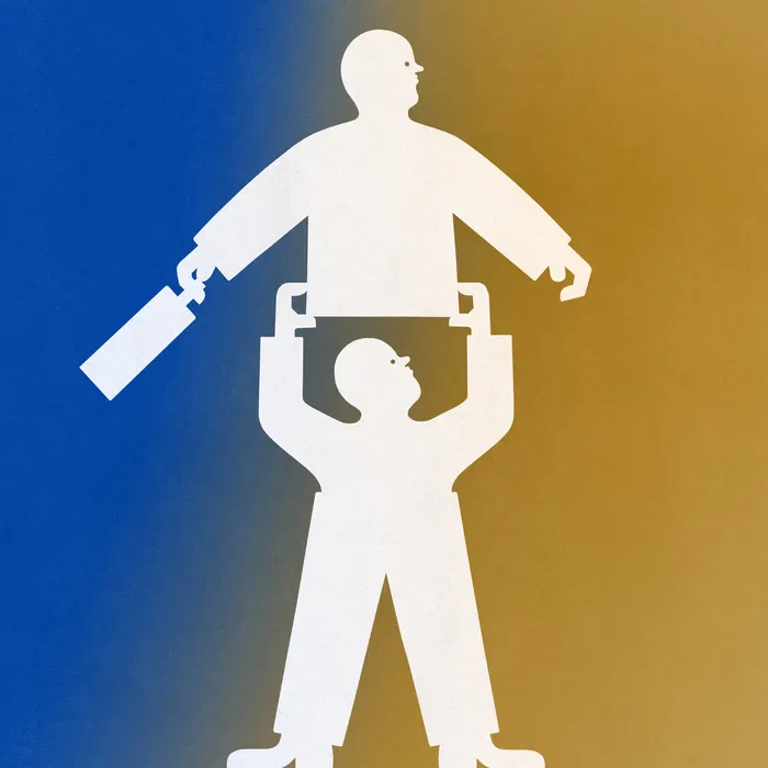 Abstract art depicting two white human figures, one holding a suitcase, standing against a blue and gold gradient background.